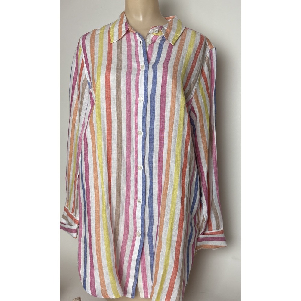 New Talbots 100% Linen Womens Medium Shirt Rainbow Striped Beachy Artsy Top